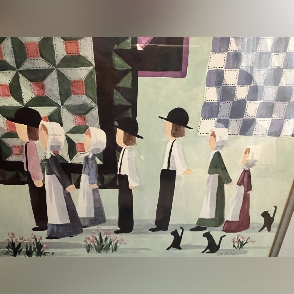 Framed Watercolor Art- Amish Quilting With Cats, Signed by Artist Miller 1994 - Picture 6 of 12